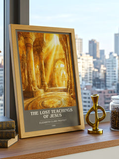The lost teachings of Jesus book cover print framed by window – literary home decor