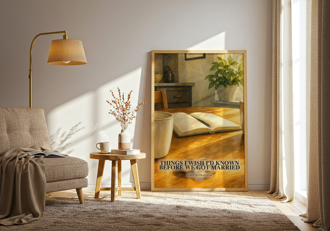 Things I wish I'd known before we got married watercolour print in frame leaning in hallway – non fiction wall art