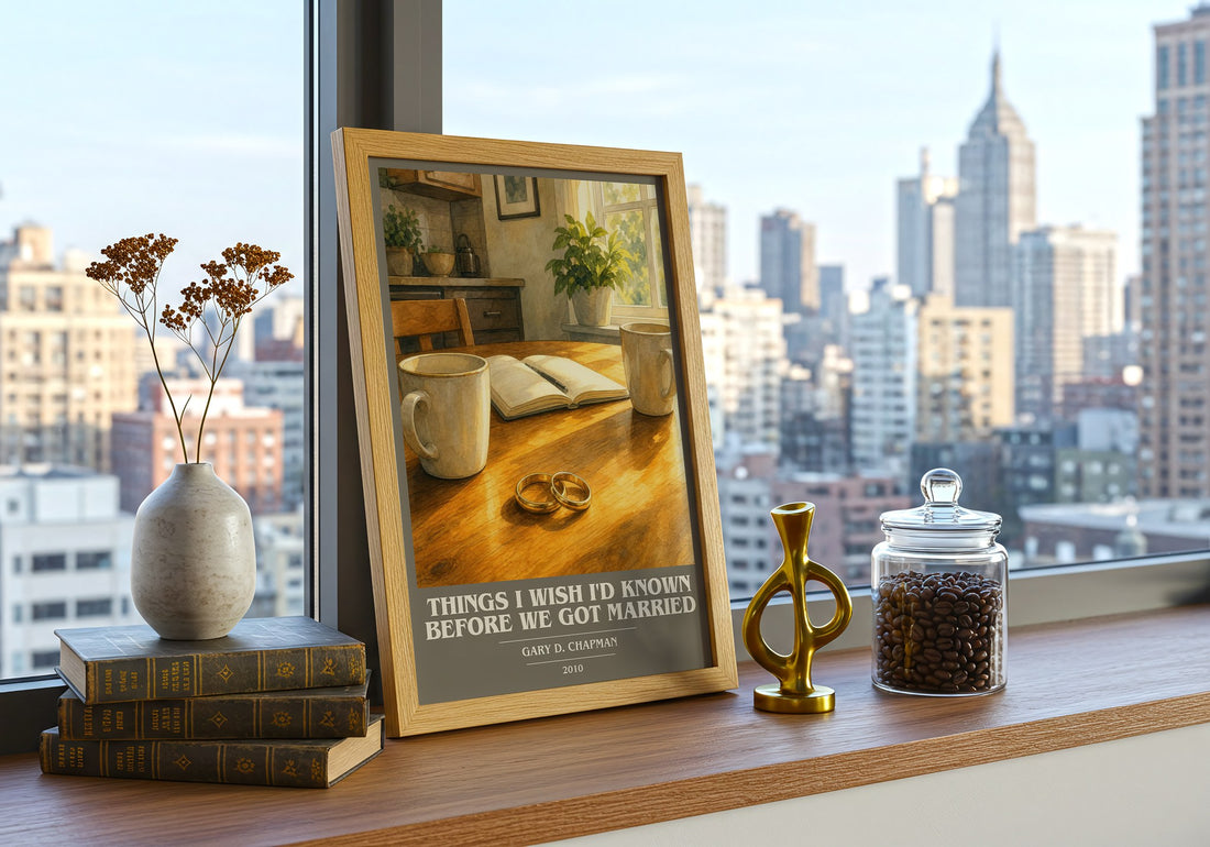 Things I wish I'd known before we got married book cover print framed by window – literary home decor