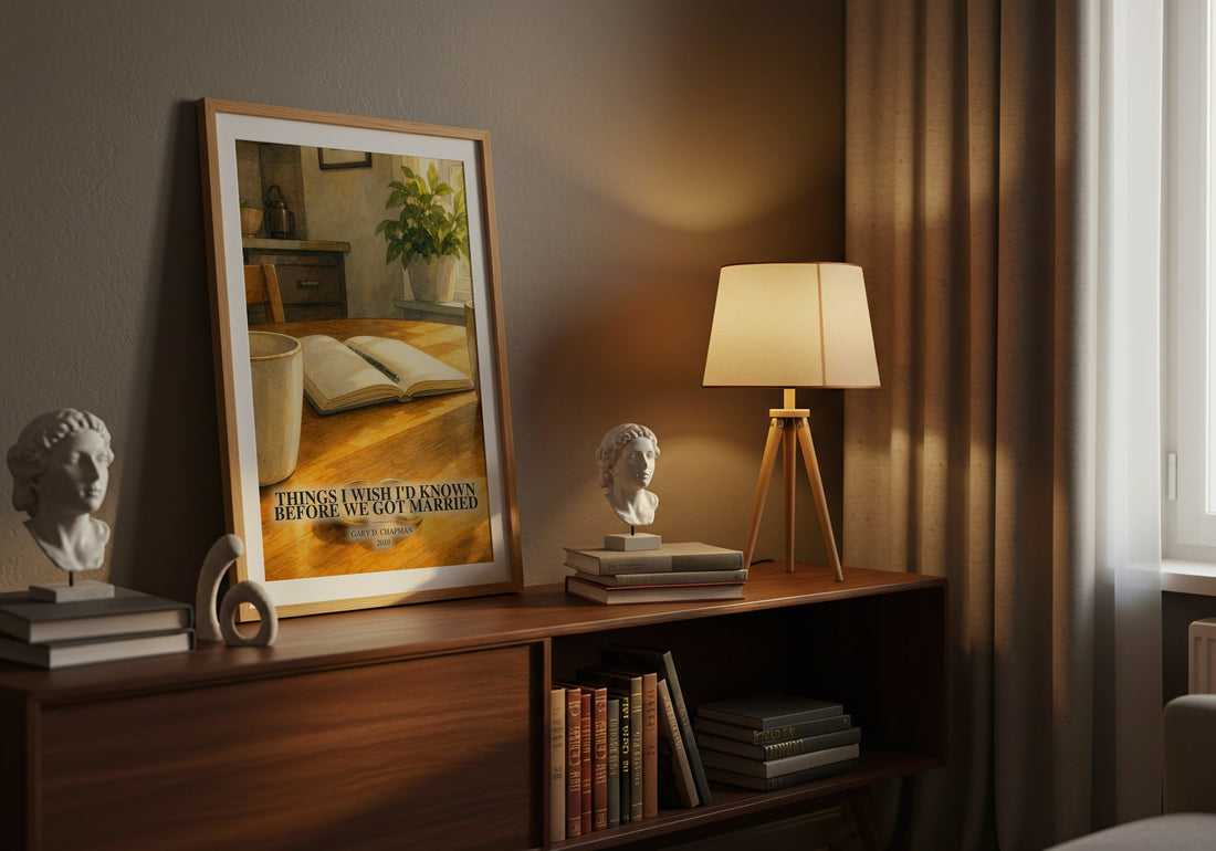 Things I wish I'd known before we got married watercolour print on bookshelf – Gary D. Chapman fan gift