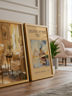 One more try watercolour print framed by window – literary home decor