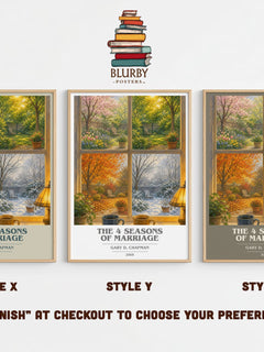 The 4 Seasons of Marriage book cover print in frame leaning in hallway – non fiction wall art