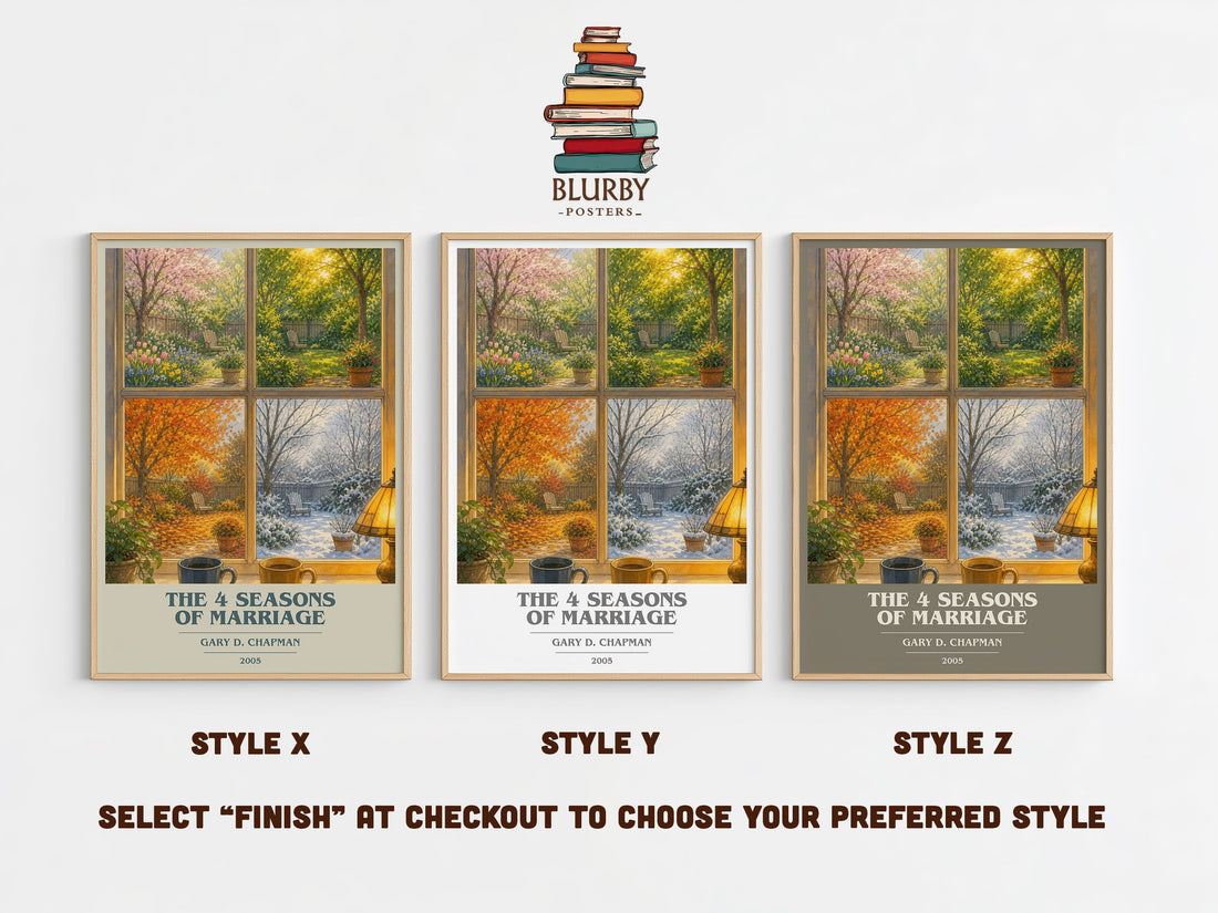 The 4 Seasons of Marriage book cover print in frame leaning in hallway – non fiction wall art (mockup)