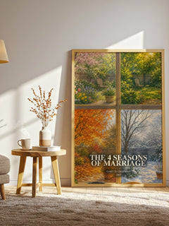 The 4 Seasons of Marriage watercolour print in frame leaning in hallway – non fiction wall art