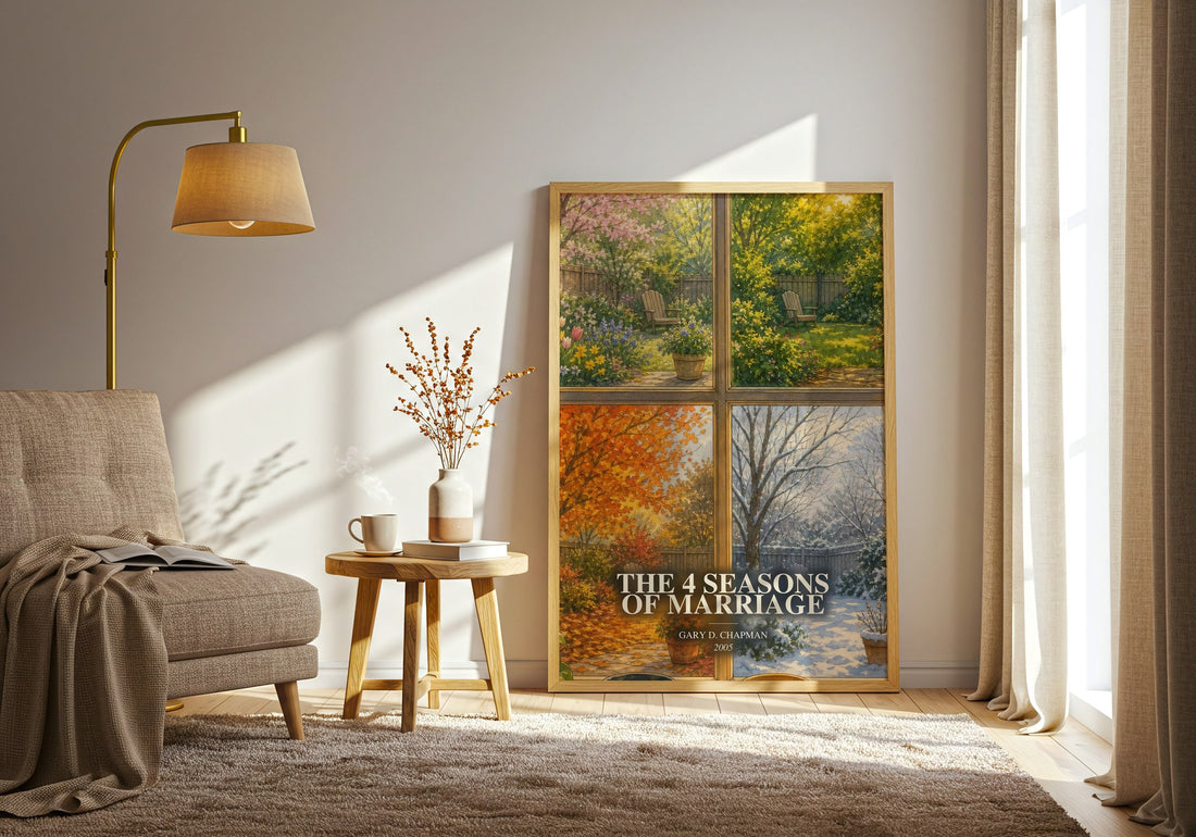 The 4 Seasons of Marriage watercolour print in frame leaning in hallway – non fiction wall art