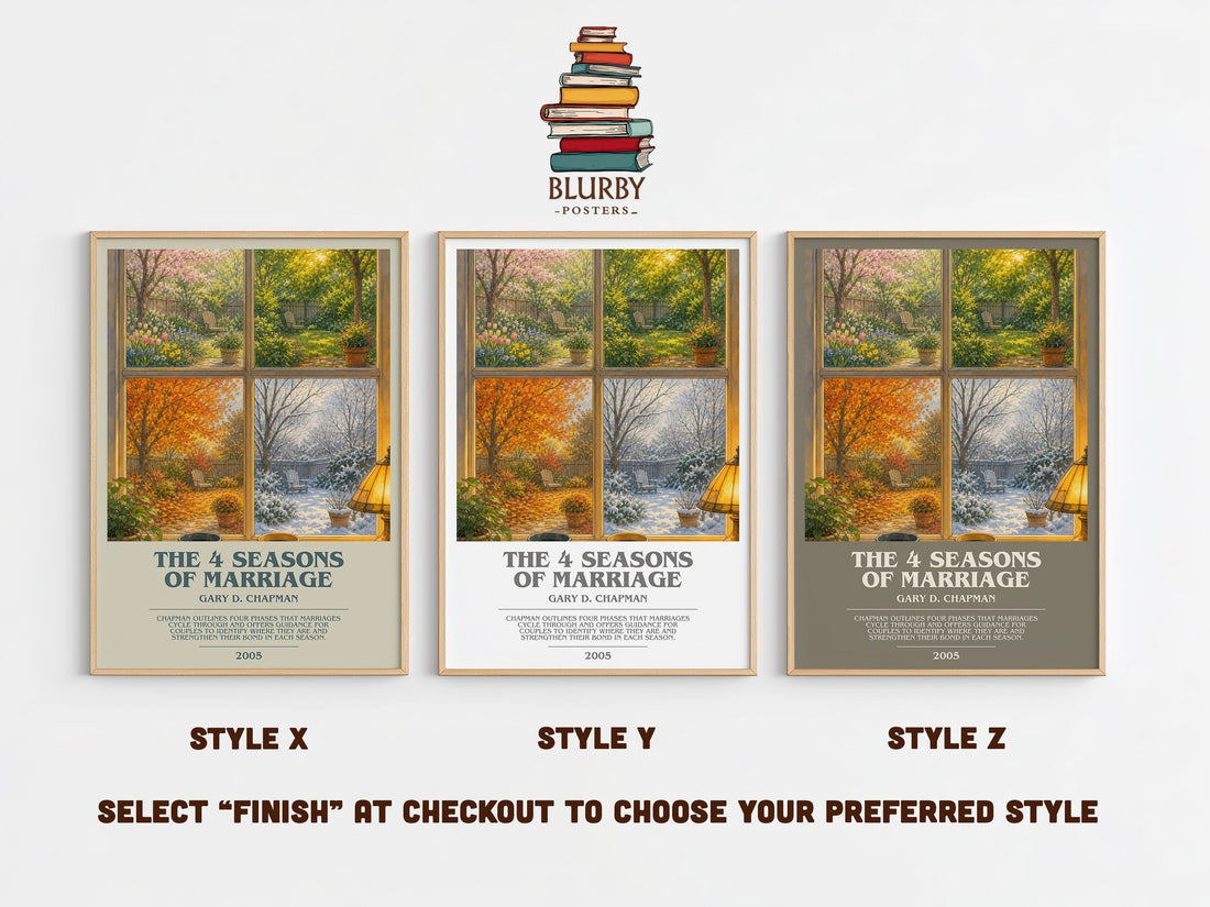 The 4 Seasons of Marriage bookish print in frame leaning in hallway – non fiction wall art (mockup)