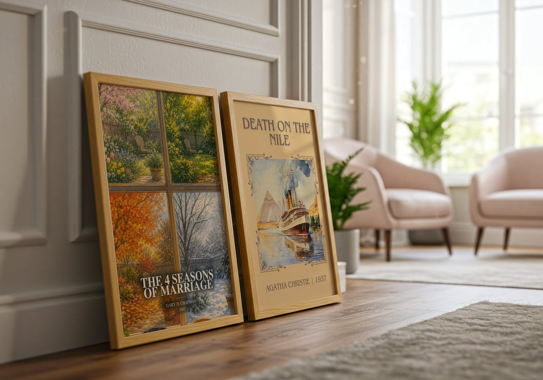 The 4 Seasons of Marriage watercolour print framed by window – literary home decor