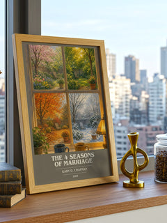 The 4 Seasons of Marriage book cover print framed by window – literary home decor