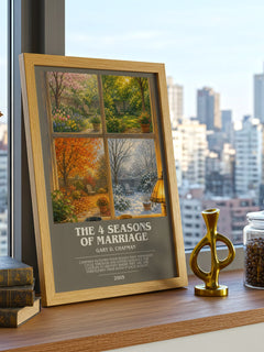 The 4 Seasons of Marriage bookish print framed by window – literary home decor