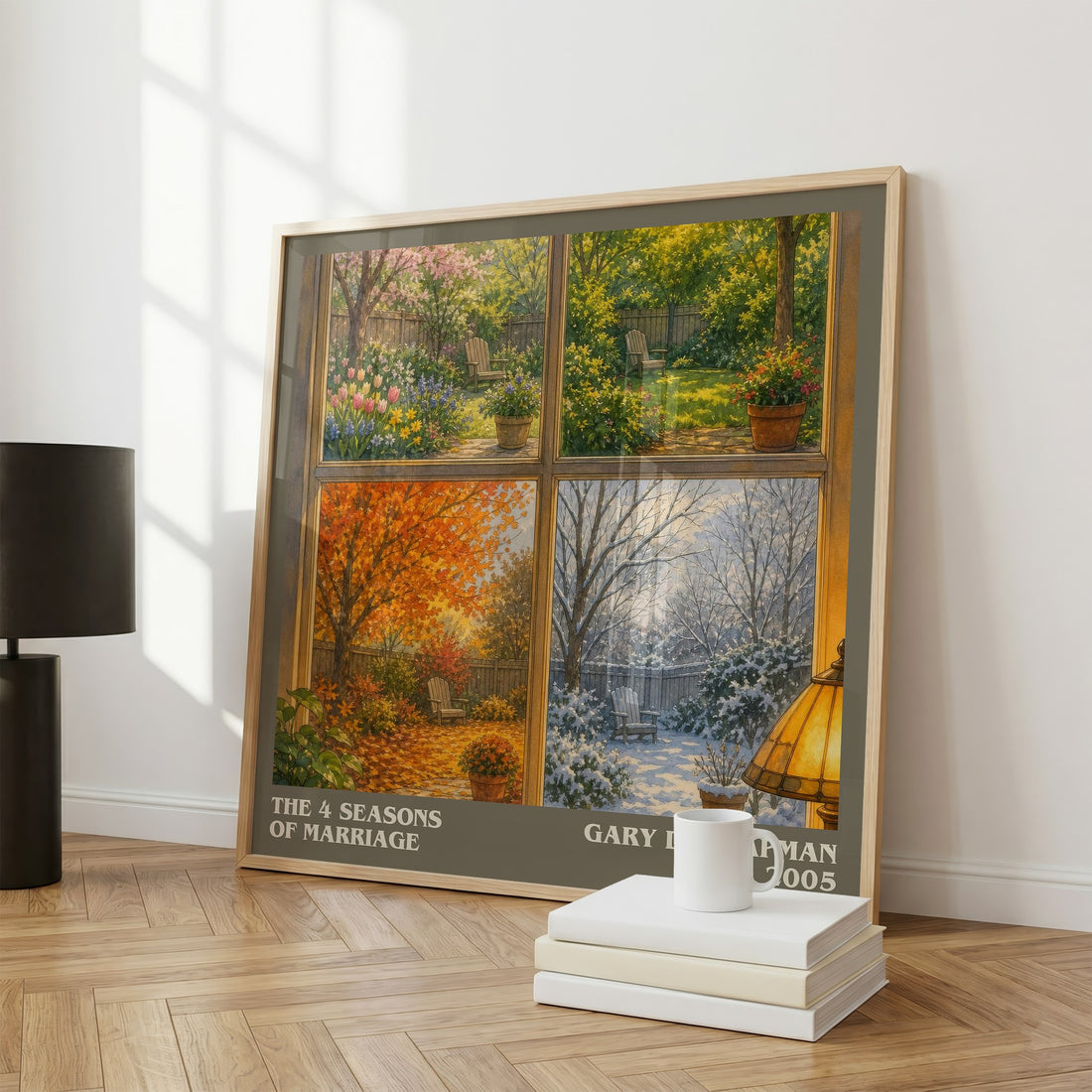 The 4 Seasons of Marriage literary print framed by window – literary home decor