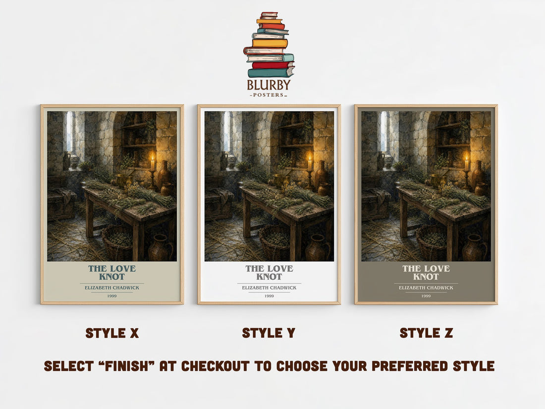 The Love Knot book cover print in frame leaning in hallway – historical fiction wall art (mockup)