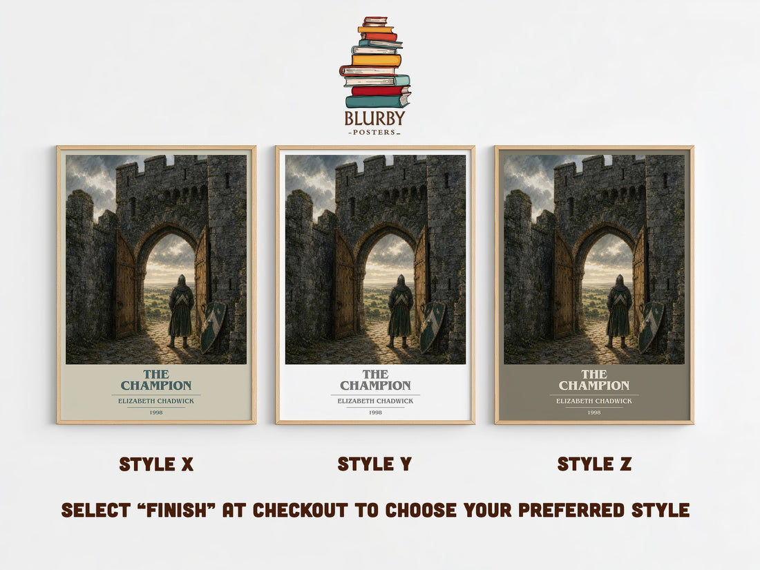 The Champion book cover print in frame leaning in hallway – historical fiction wall art (mockup)