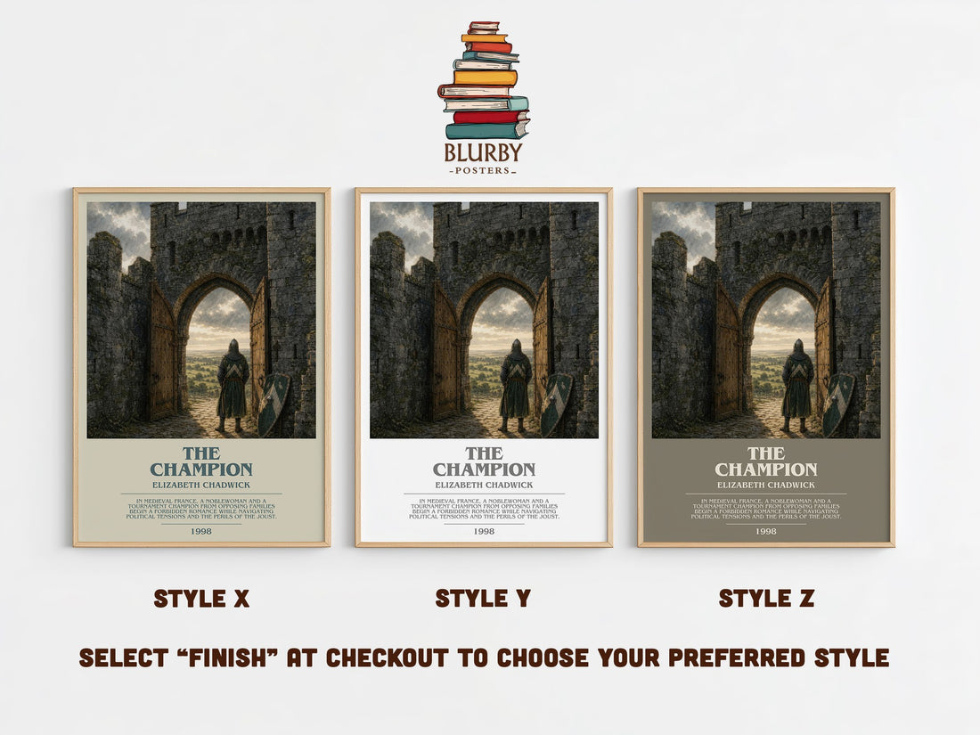 The Champion bookish print in frame leaning in hallway – historical fiction wall art (mockup)