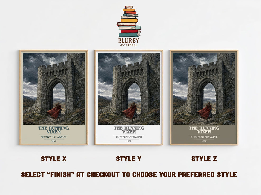 The running vixen book cover print in frame leaning in hallway – historical fiction wall art (mockup)