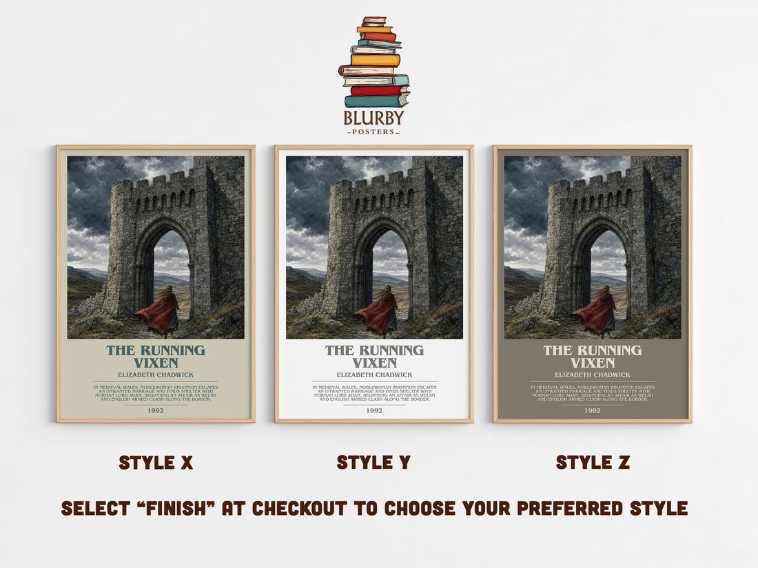 The running vixen bookish print in frame leaning in hallway – historical fiction wall art (mockup)