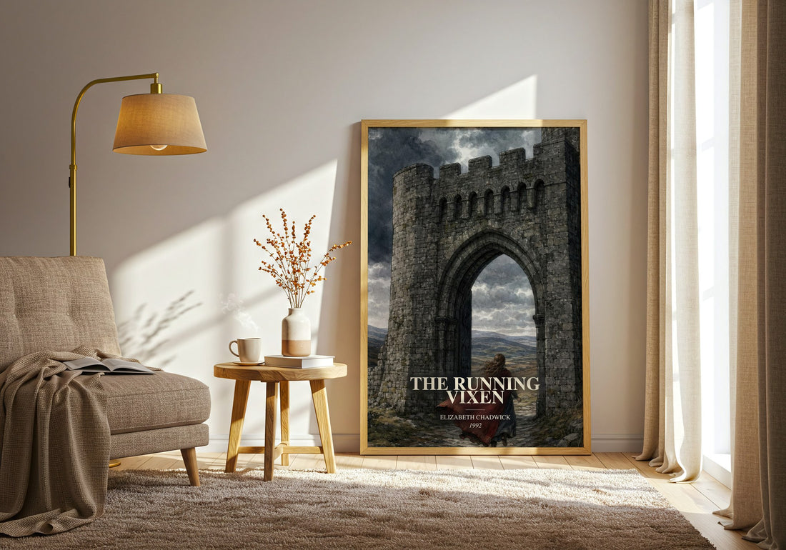 The running vixen watercolour print in frame leaning in hallway – historical fiction wall art