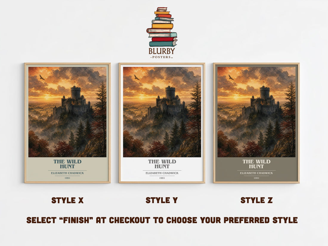 The wild hunt book cover print in frame leaning in hallway – historical fiction wall art (mockup)
