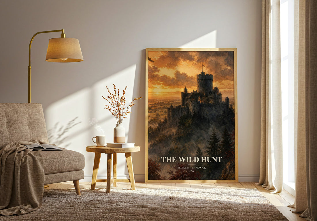 The wild hunt watercolour print in frame leaning in hallway – historical fiction wall art