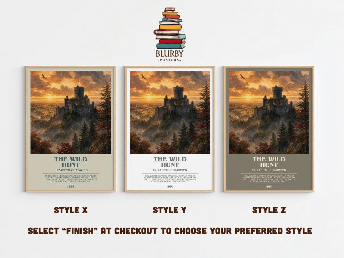 The wild hunt bookish print in frame leaning in hallway – historical fiction wall art (mockup)