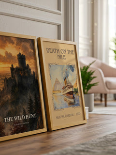 The wild hunt watercolour print framed by window – literary home decor