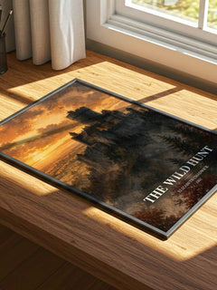 The wild hunt watercolour book poster framed on wall – historical fiction wall art