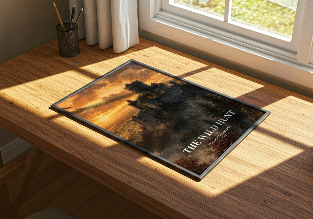 The wild hunt watercolour book poster framed on wall – historical fiction wall art