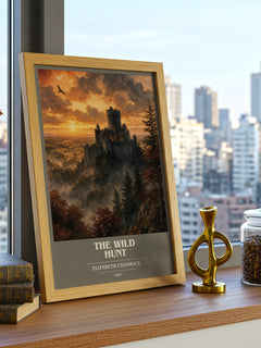 The wild hunt book cover print framed by window – literary home decor