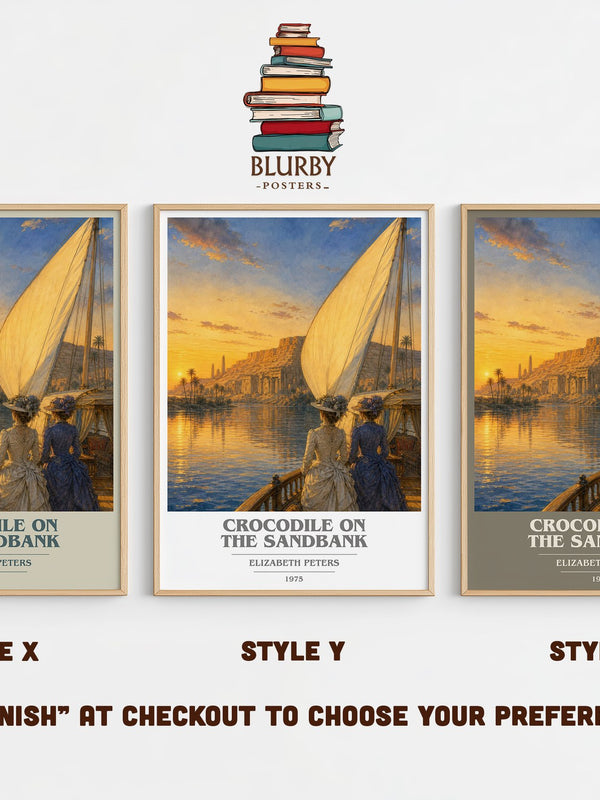 Crocodile on the sandbank book cover print in frame leaning in hallway – mystery wall art