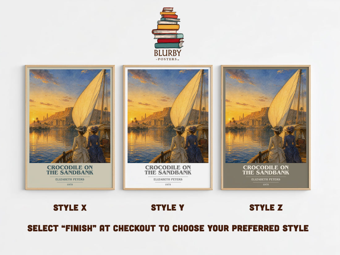Crocodile on the sandbank book cover print in frame leaning in hallway – mystery wall art (mockup)