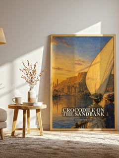 Crocodile on the sandbank watercolour print in frame leaning in hallway – mystery wall art
