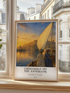 Crocodile on the sandbank book cover poster colour and style options – Elizabeth Peters book art