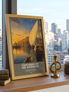 Crocodile on the sandbank book cover print framed by window – literary home decor