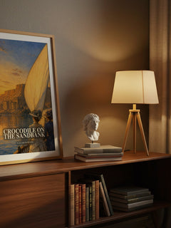 Crocodile on the sandbank watercolour print on bookshelf – Elizabeth Peters fan gift