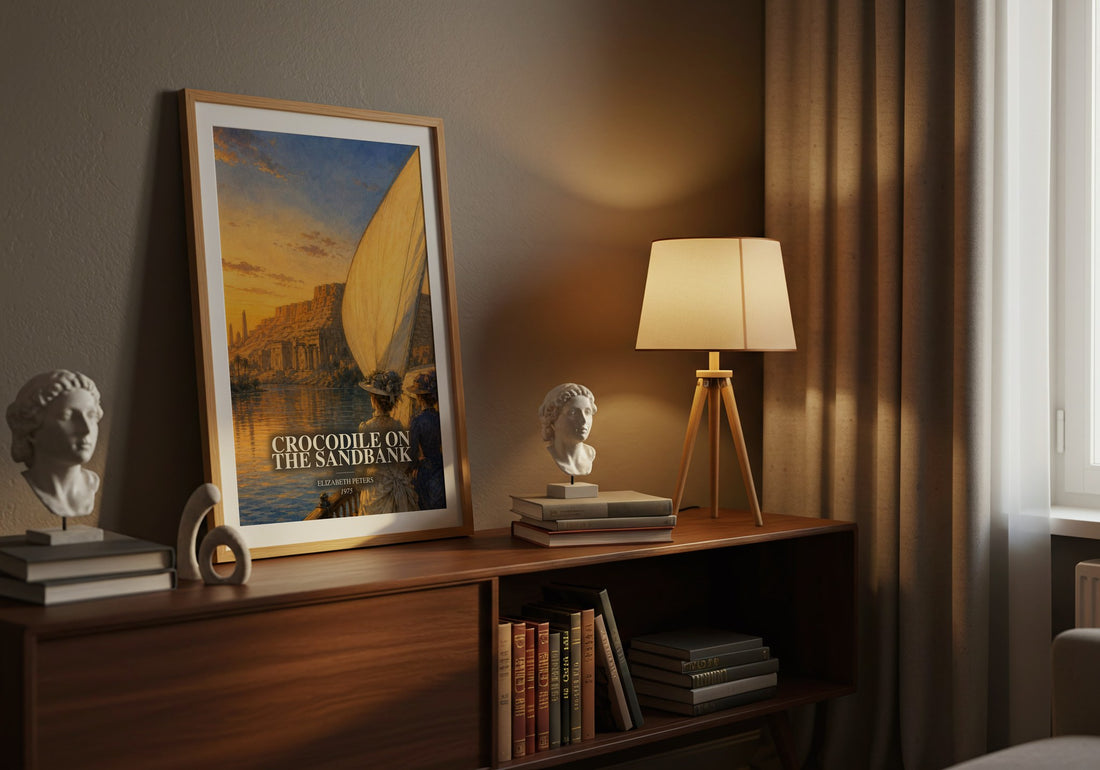 Crocodile on the sandbank watercolour print on bookshelf – Elizabeth Peters fan gift