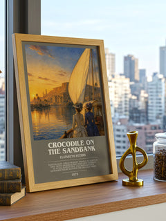 Crocodile on the sandbank bookish print framed by window – literary home decor