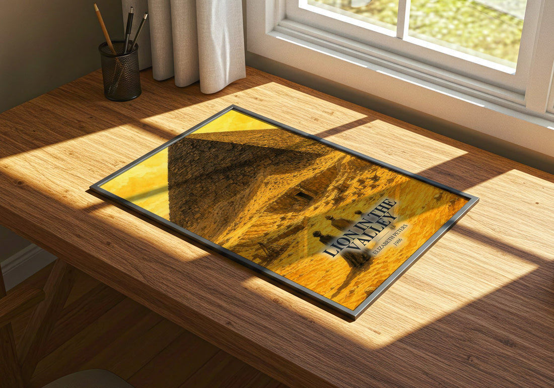 Lion in the valley watercolour book poster framed on wall – mystery wall art