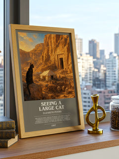 Seeing a large cat bookish print framed by window – literary home decor