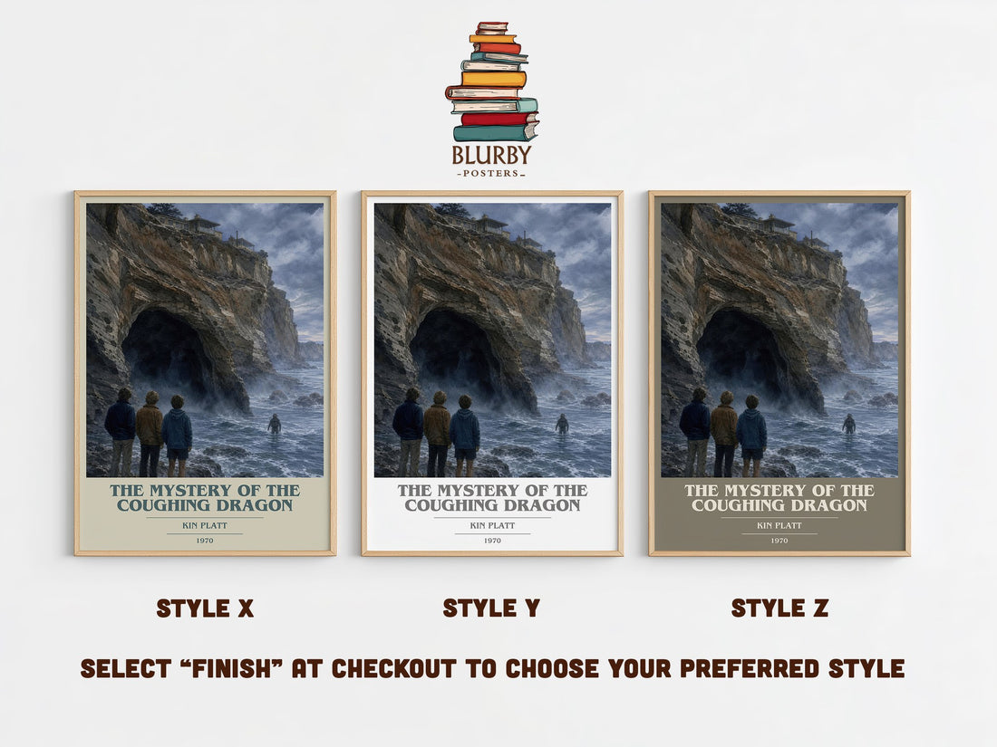 The Mystery of the Coughing Dragon book cover print in frame leaning in hallway – mystery wall art (mockup)