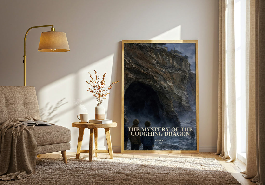 The Mystery of the Coughing Dragon watercolour print in frame leaning in hallway – mystery wall art
