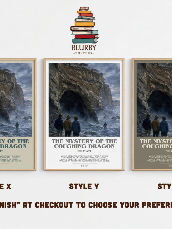 The Mystery of the Coughing Dragon bookish print in frame leaning in hallway – mystery wall art