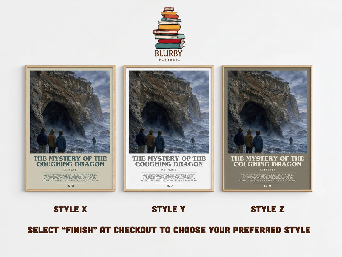 The Mystery of the Coughing Dragon bookish print in frame leaning in hallway – mystery wall art (mockup)