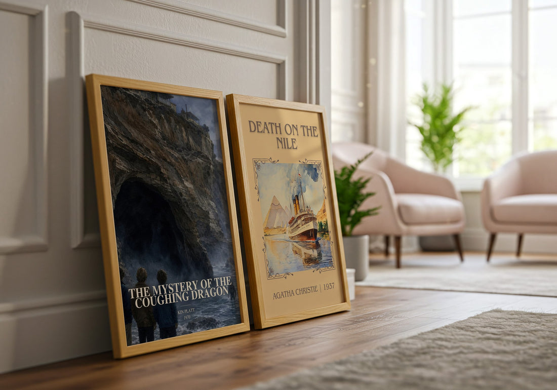 The Mystery of the Coughing Dragon watercolour print framed by window – literary home decor