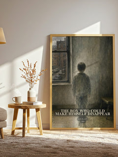 The boy who could make himself disappear watercolour print in frame leaning in hallway – literary fiction wall art
