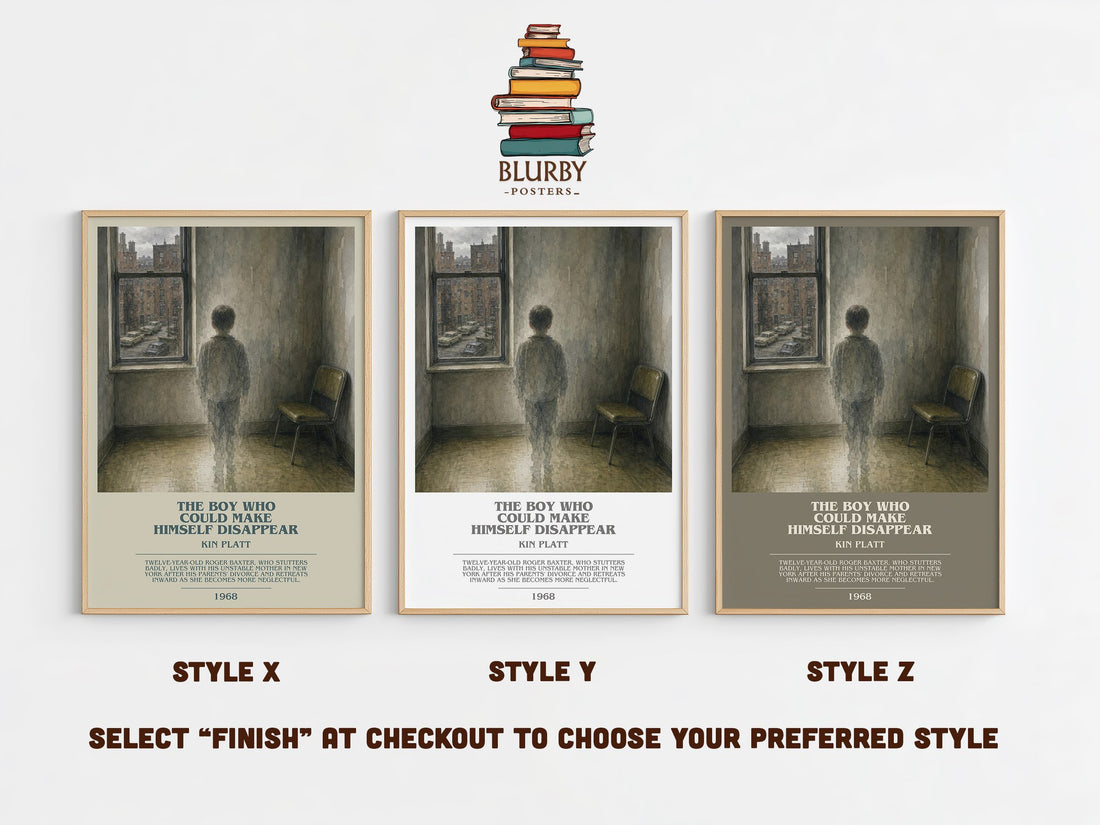 The boy who could make himself disappear bookish print in frame leaning in hallway – literary fiction wall art (mockup)