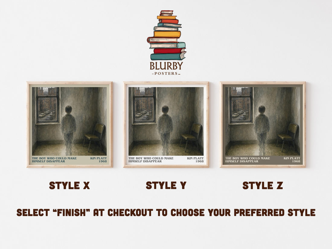 The boy who could make himself disappear literary print in frame leaning in hallway – literary fiction wall art (mockup)