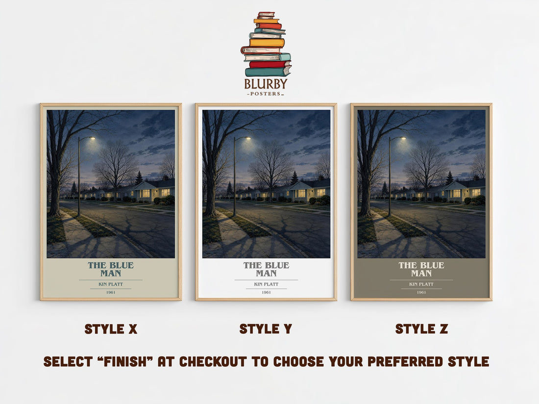 The blue man book cover print in frame leaning in hallway – crime wall art (mockup)