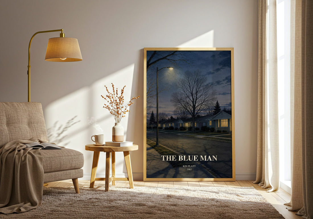 The blue man watercolour print in frame leaning in hallway – crime wall art