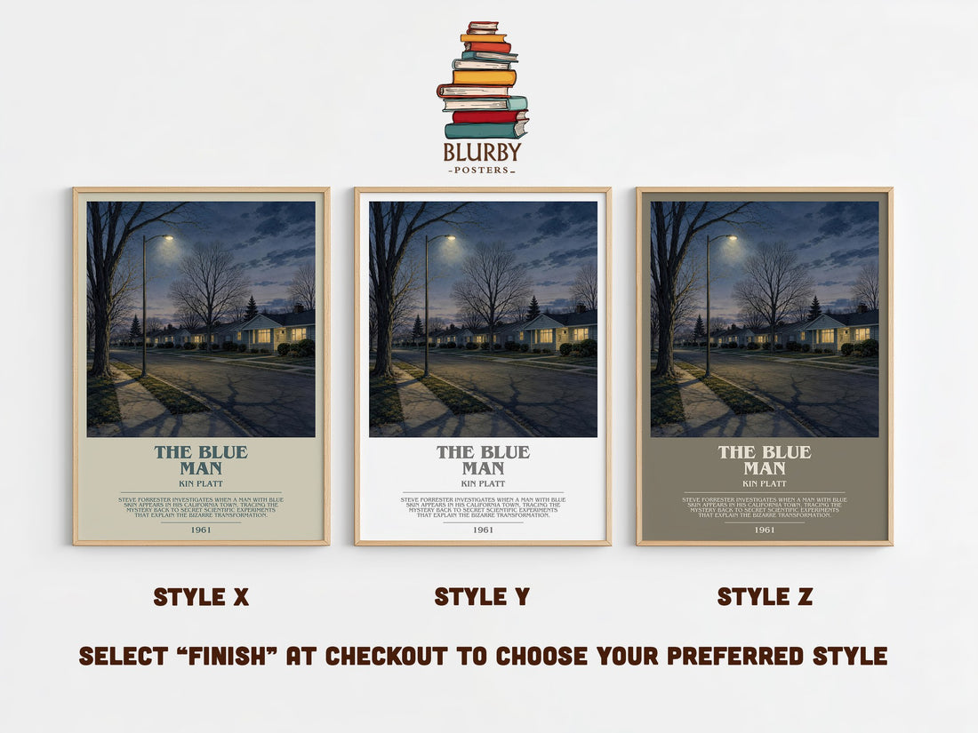 The blue man bookish print in frame leaning in hallway – crime wall art (mockup)