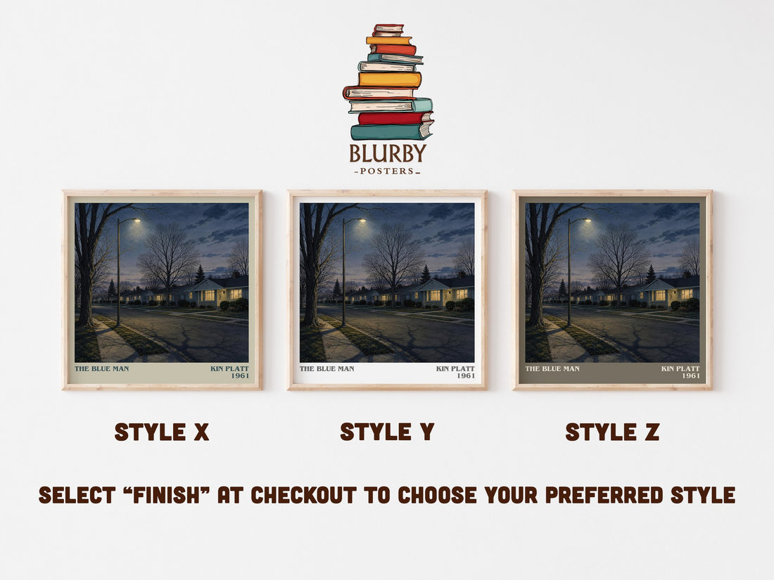 The blue man literary print in frame leaning in hallway – crime wall art (mockup)
