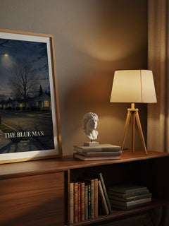 The blue man watercolour print on bookshelf – Kin Platt fan gift